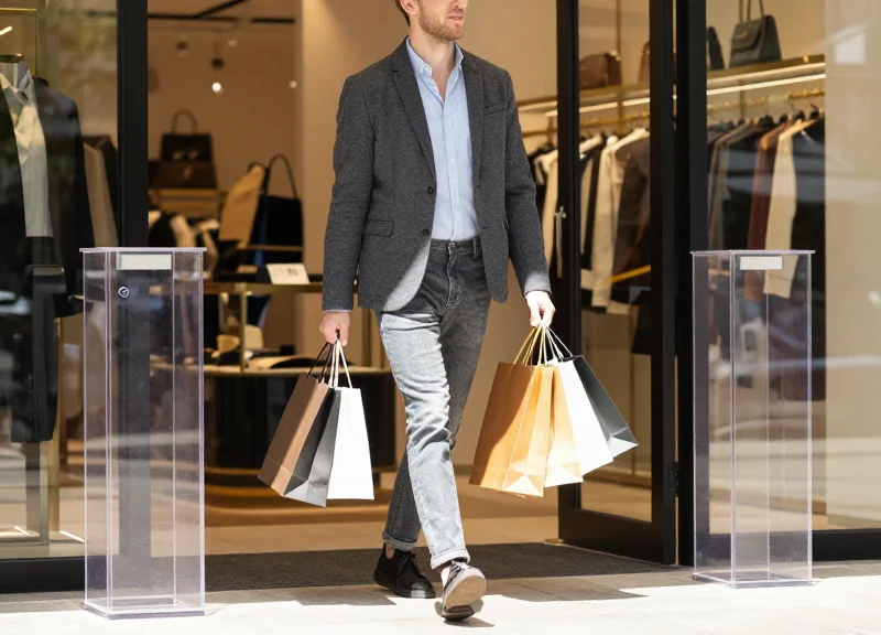 A happy customer walking through a store entrance without interruptions, passing through discrete acrylic security gates.