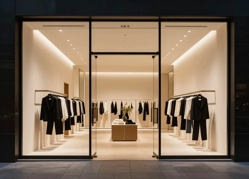 A luxury boutique entrance featuring minimalist design and invisible security tech