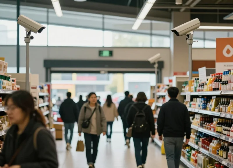 EAS security antennas integrated into the entrance of a high-traffic modern supermarket.