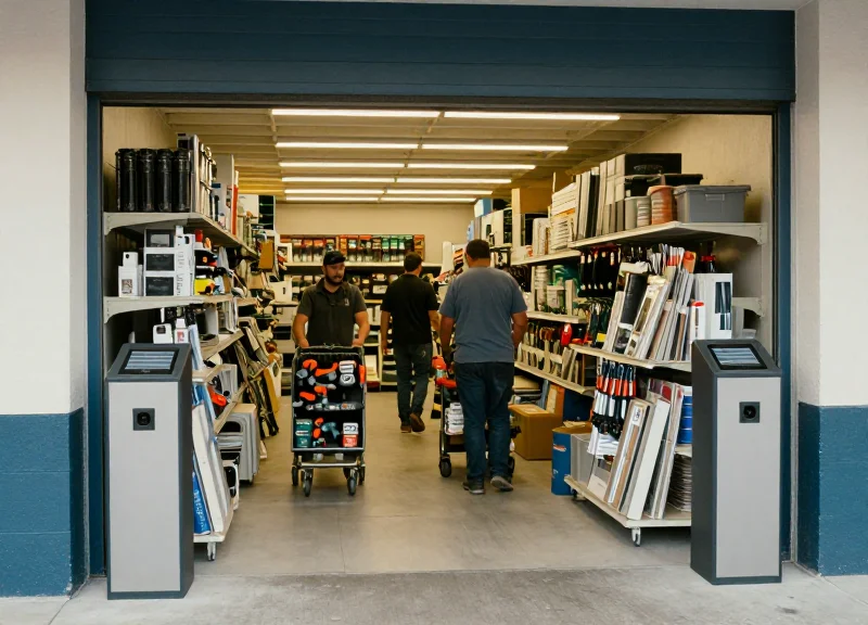 A busy hardware store entrance with modern security pedestals and customers pushing carts with building materials.
