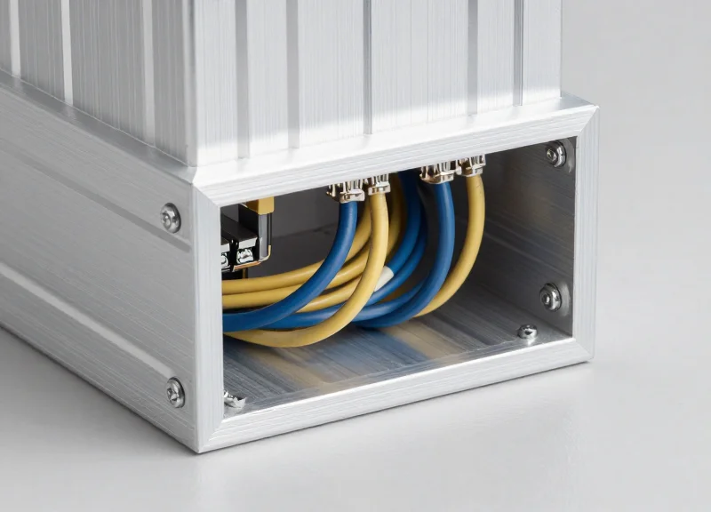 Close-up of neatly organized cables inside an EAS pedestal base.