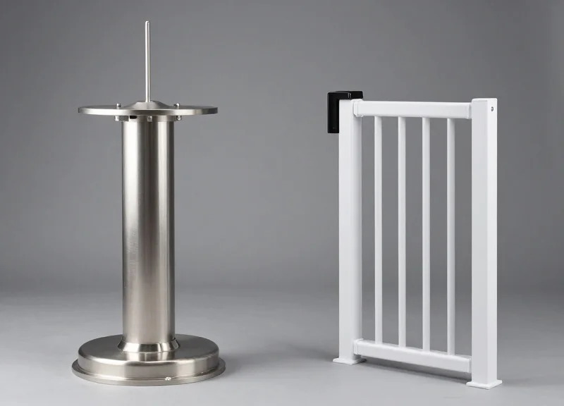 A comparison showing a durable metal security antenna next to a flimsy plastic one.