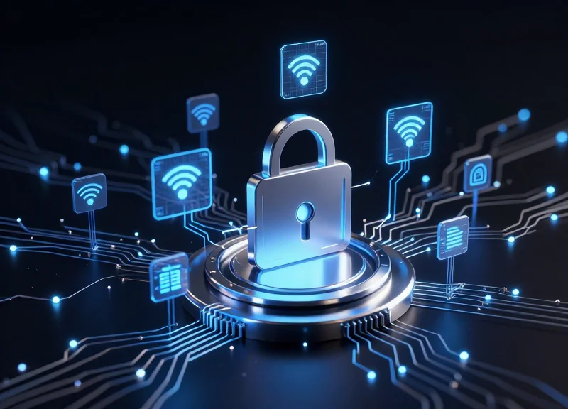 Conceptual image of digital RFID signals integrated into security hardware.
