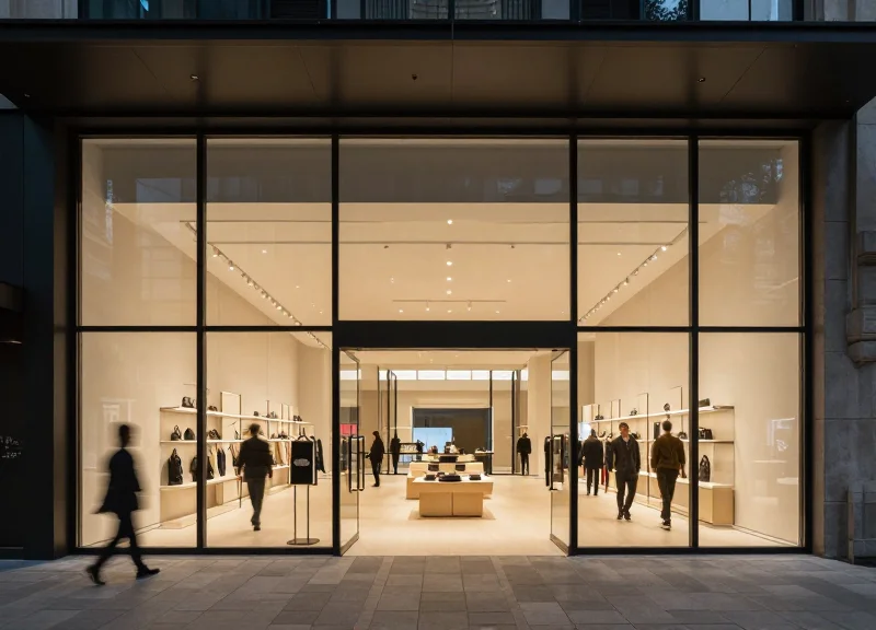 A wide-angle view of a modern, open-concept retail store with spacious aisles and high ceilings.