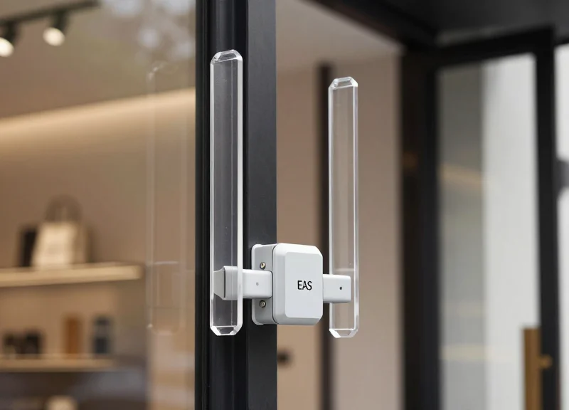 Sleek transparent acrylic wide-aisle security antennas at a luxury boutique entrance.