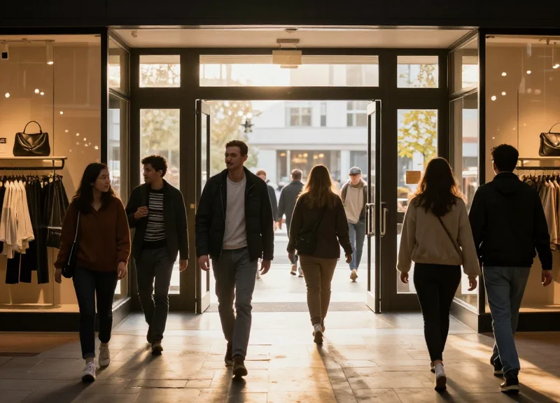 Happy customers walking through a wide and unobstructed store entrance during golden hour.