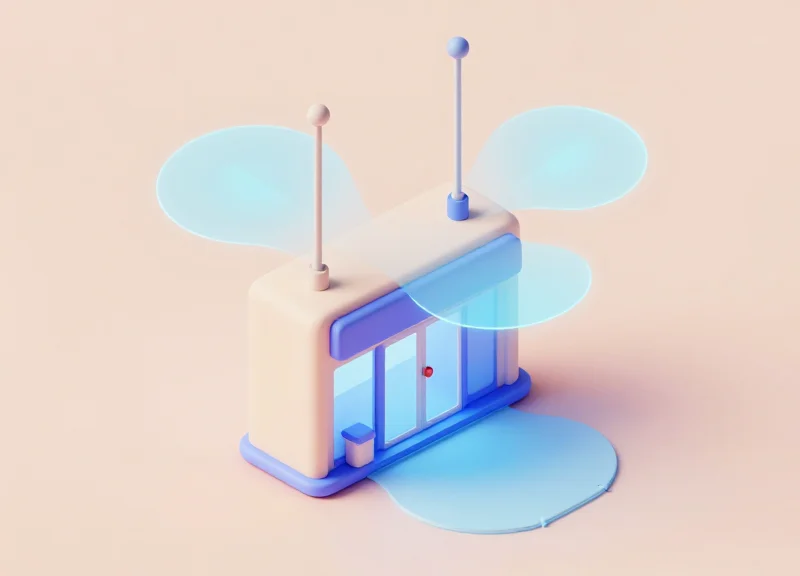Isometric view of a store entrance showing invisible high-sensitivity detection fields.