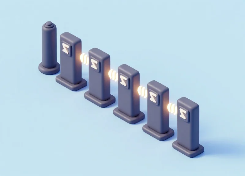Isometric 3D model of retail security antennas showing synchronized signal connections.