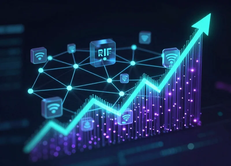 Abstract digital visualization of a connected retail ecosystem using RFID technology.