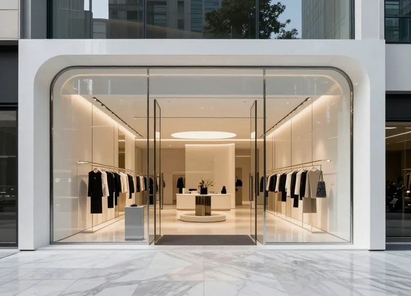 Wide shot of a minimalist high-end boutique entrance in 2026 with clean lines and no visible security pedestals