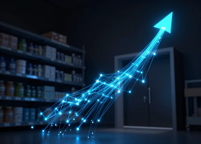 Abstract digital visualization of RFID signals and data flowing from products through a door frame