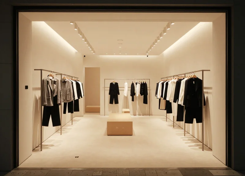 A high-end minimalist fashion boutique interior showing an open entrance without visible security pedestals.