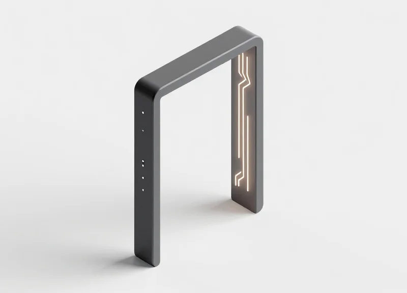 Isometric 3D view of a store doorway with integrated discreet security sensors hidden in the frame.
