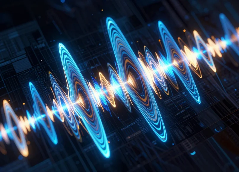 Abstract visualization of electromagnetic interference in a retail environment with glowing data streams.
