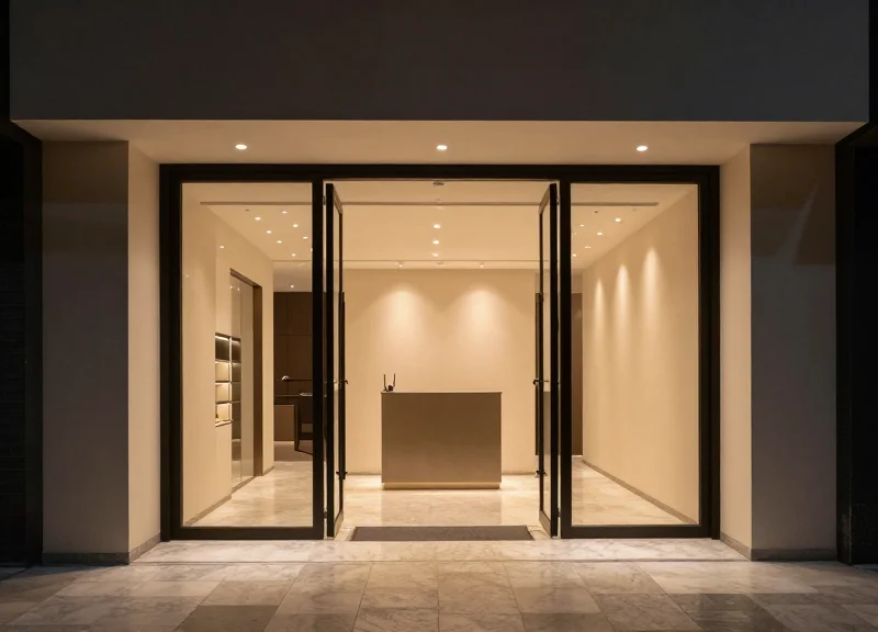 A high-end luxury fashion boutique entrance with a minimalist and unobstructed design.