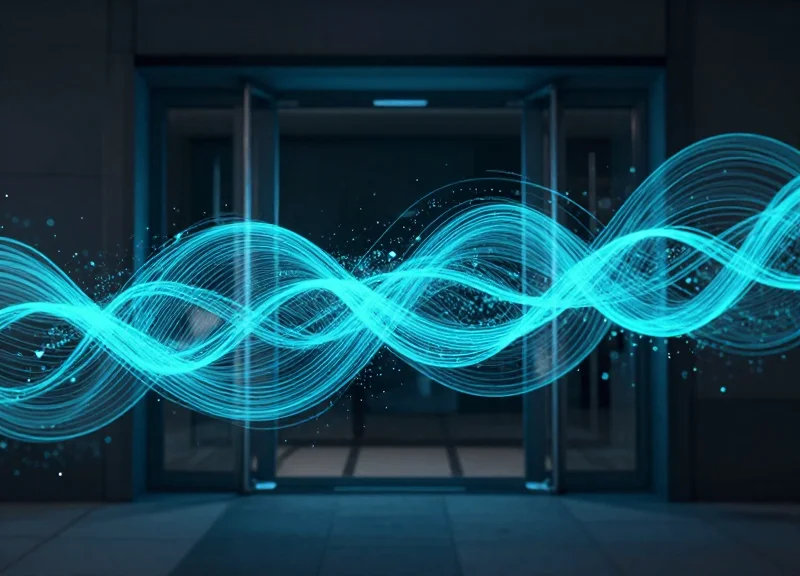 Abstract visualization of an invisible security detection field at a retail entrance.