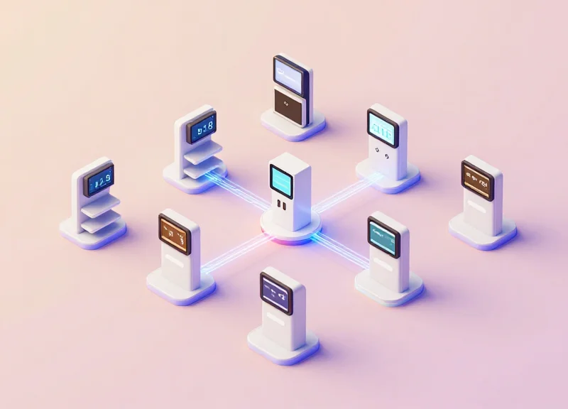 An isometric layout of interconnected retail technology modules including RFID and security sensors.