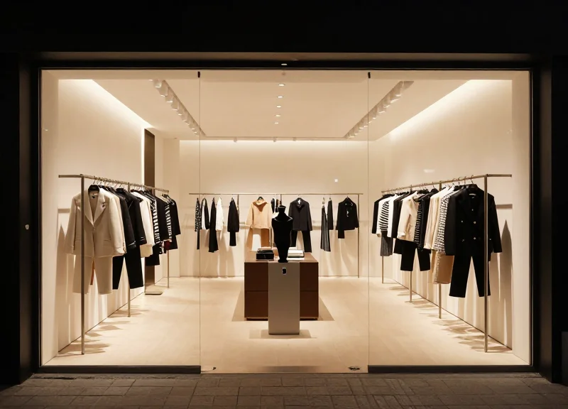 A luxury boutique interior with elegant clothing displays and subtle security pedestals