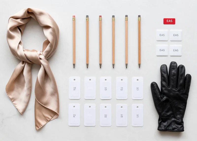 A collection of minimalist pencil and mini security tags arranged on a marble surface
