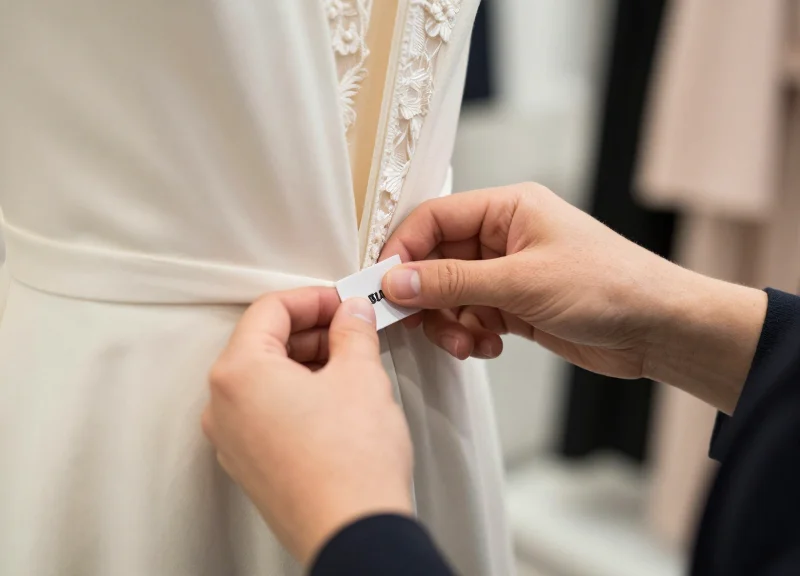 Salesperson's hands attaching a security tag to a dress seam