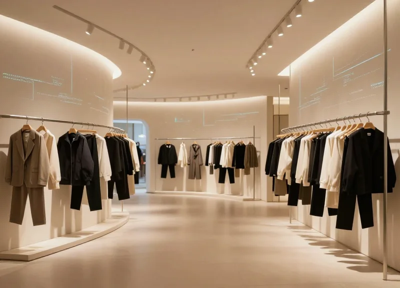 Modern high-end retail clothing store with subtle technological light trails representing security