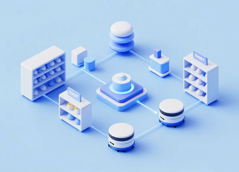 Isometric 3D model of a retail ecosystem showing inventory moving seamlessly from warehouse to digital tablet