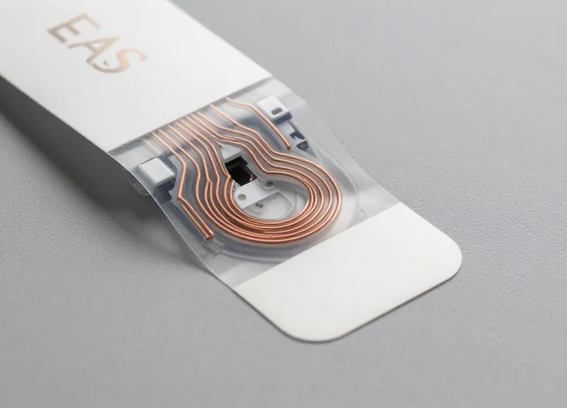 A professional close-up of a modern EAS soft label showing its internal metallic security coil through a semi-transparent surface on a clean background.