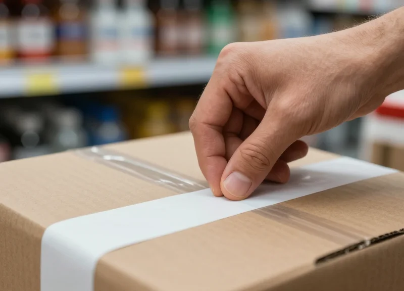 Close-up of a hand applying a white AM soft label to a product package in a retail setting.
