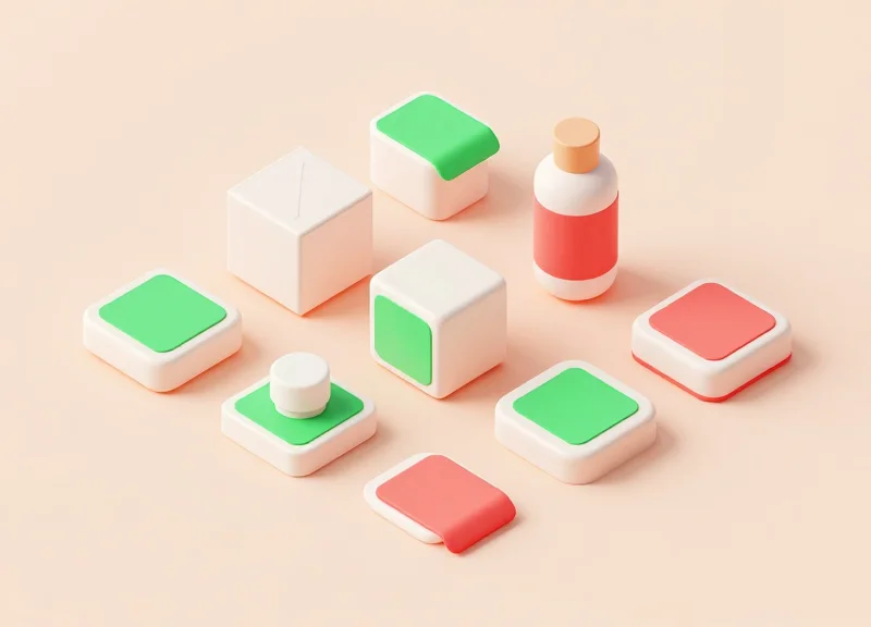 Isometric 3D model of retail products highlighting optimal security tag placement zones.