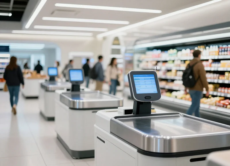 A futuristic supermarket checkout area in 2026 with sleek design and fast-moving checkout lanes.