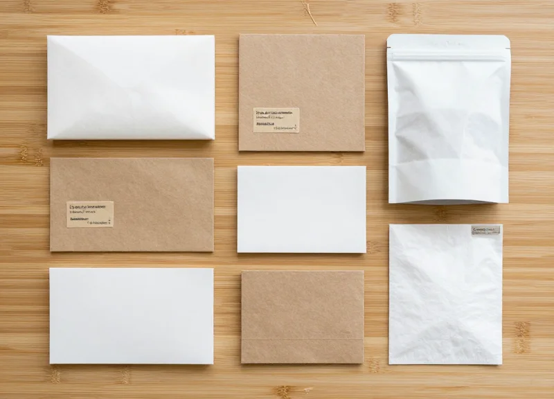 Neatly arranged eco-friendly packaging materials and sustainable security labels on a bamboo surface.