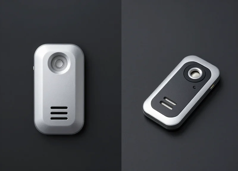 Side-by-side comparison of two retail security alarm units highlighting different sensor sizes.