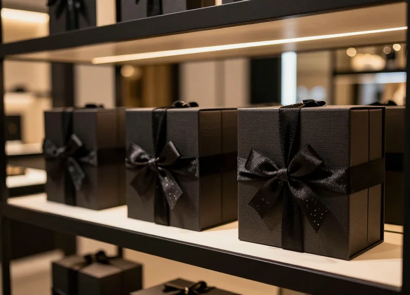 Premium luxury electronics boxes displayed on a boutique shelf with elegant security wraps.