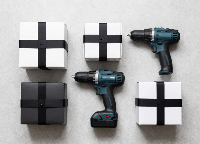A top-down organized arrangement of different high-value items like perfume, tools, and electronics boxes all secured with spider wraps.