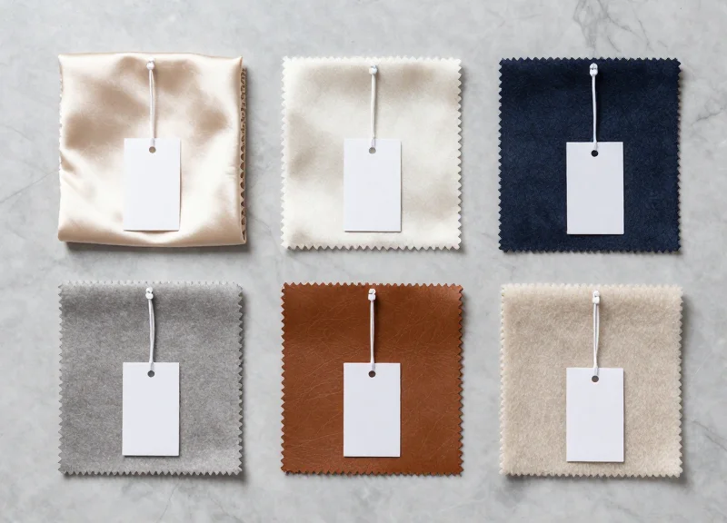 Flat lay of security tags and diverse material samples