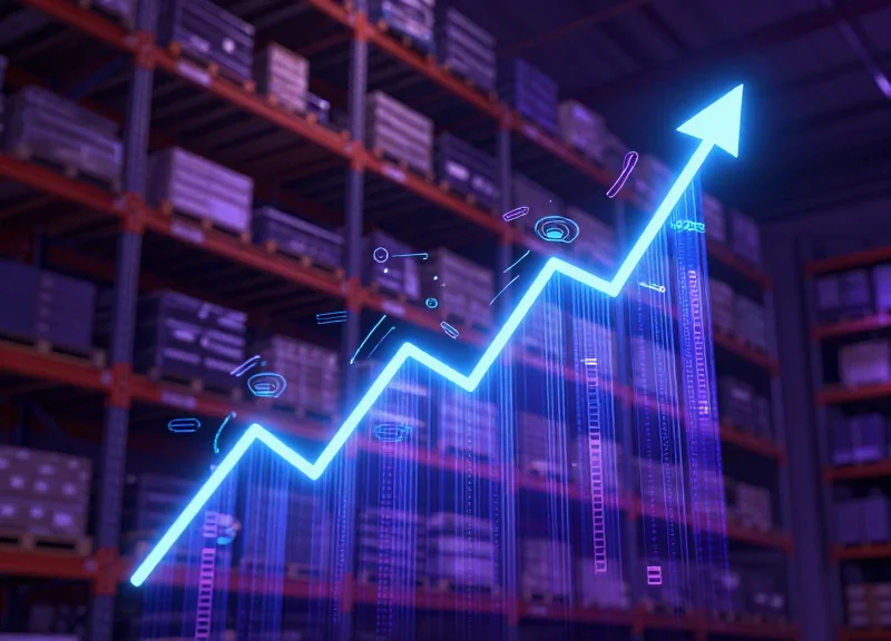 Abstract visualization of real-time inventory tracking with rising light pillars over a digital retail grid.