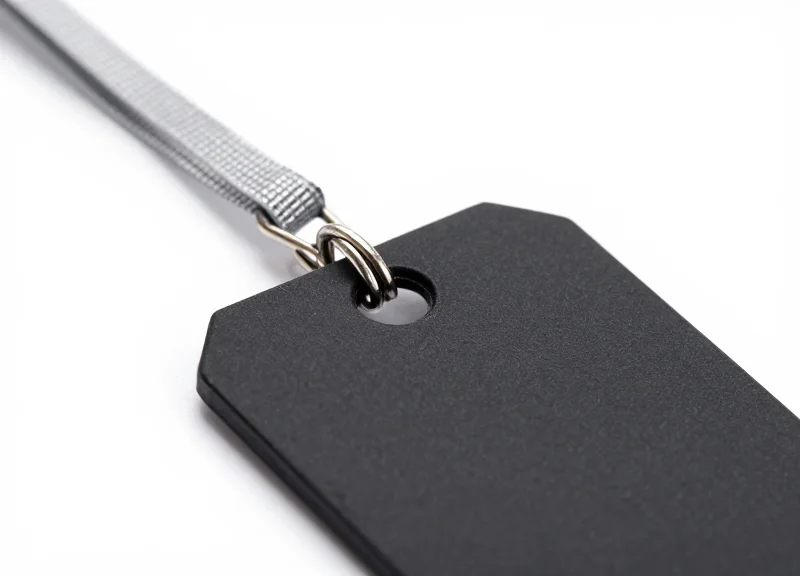 A macro photograph of a steel-reinforced security lanyard tag showing the metallic weave texture