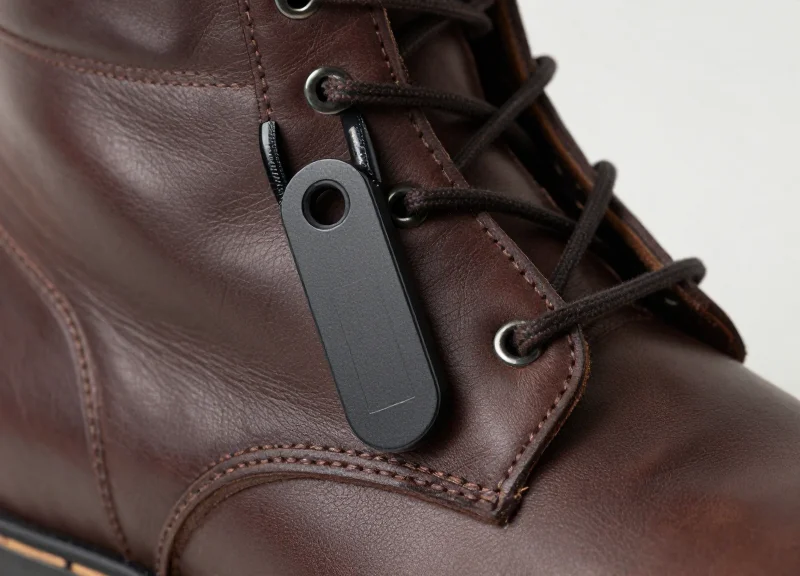 A high-end leather boot with a pinless lanyard security tag attached to the eyelet