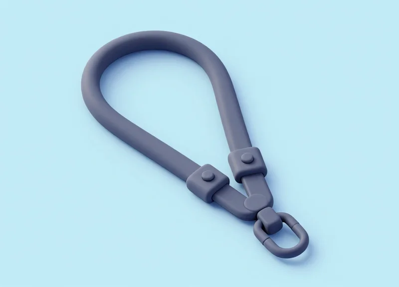 Isometric 3D illustration of a security lanyard loop and lock mechanism showing how it interacts with an object.