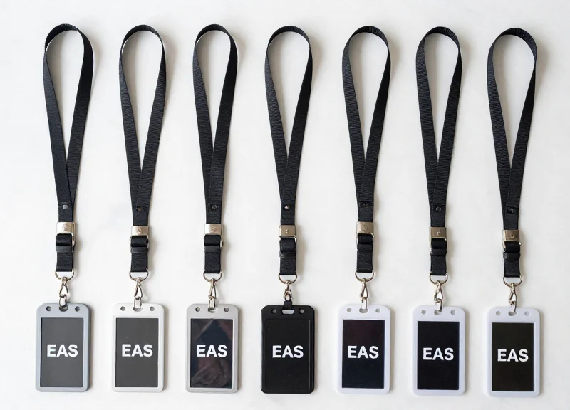 An organized collection of various EAS lanyards and security tags for fashion accessories.
