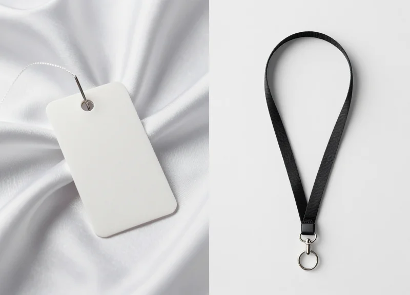Side-by-side comparison of a traditional sharp pin tag damaging fabric versus a modern non-invasive lanyard security tag.