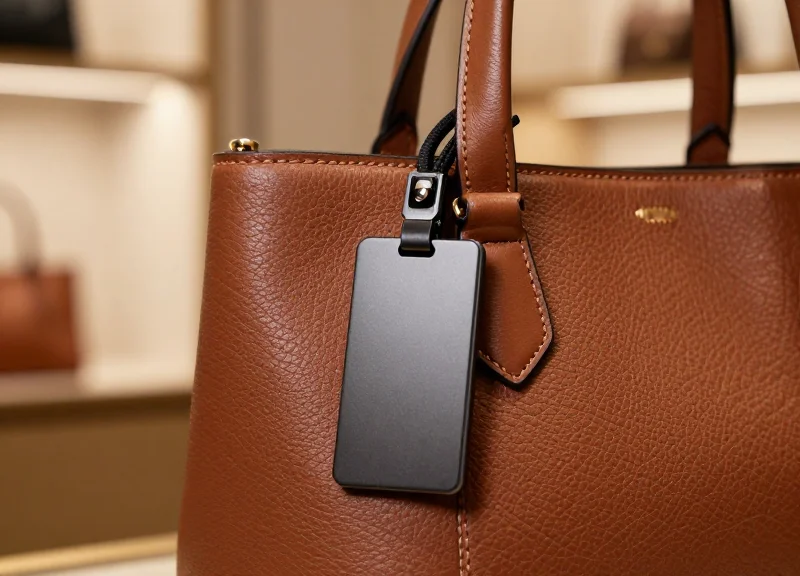 Close-up of a luxury leather handbag with a sleek, non-piercing lanyard security tag attached to the handle strap.