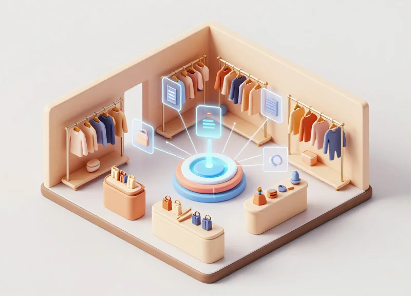 Isometric 3D view of a retail store floor with floating digital icons representing real-time inventory visibility.