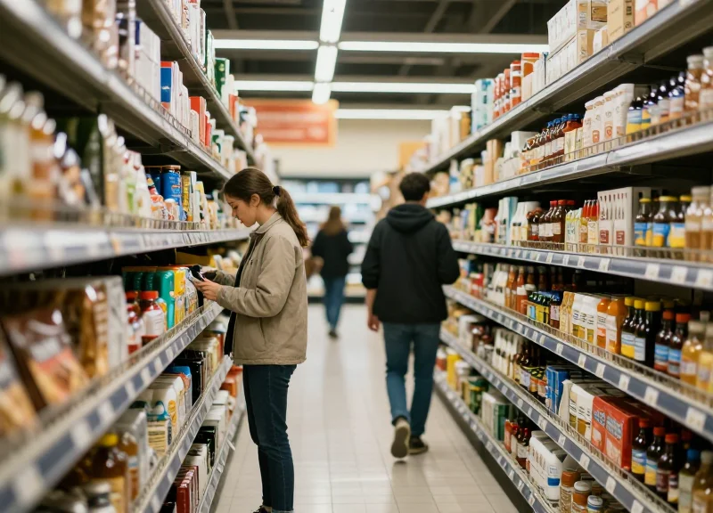 A wide shot of a supermarket aisle with inventory on shelves, depicting a modern retail environment.