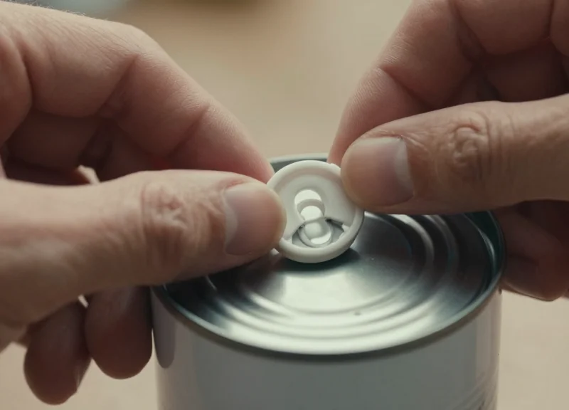 Close-up of hands correctly aligning a security base onto a 900g can