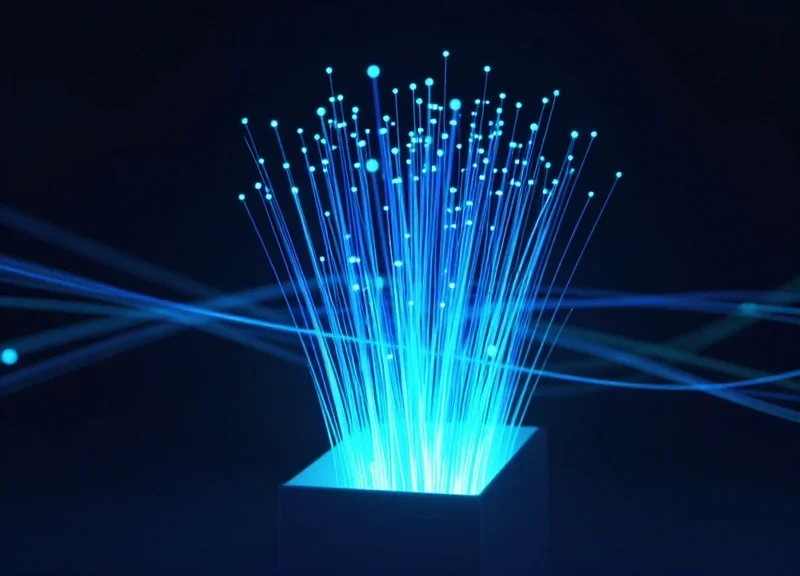 Abstract visualization of RFID data flowing from retail products to a digital network.