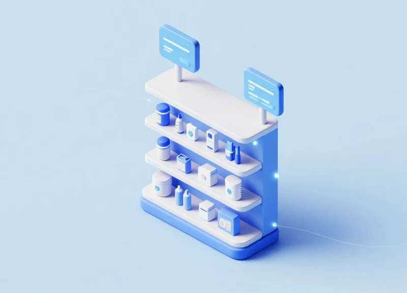 Isometric view of a smart retail shelf ecosystem with interconnected sensors.