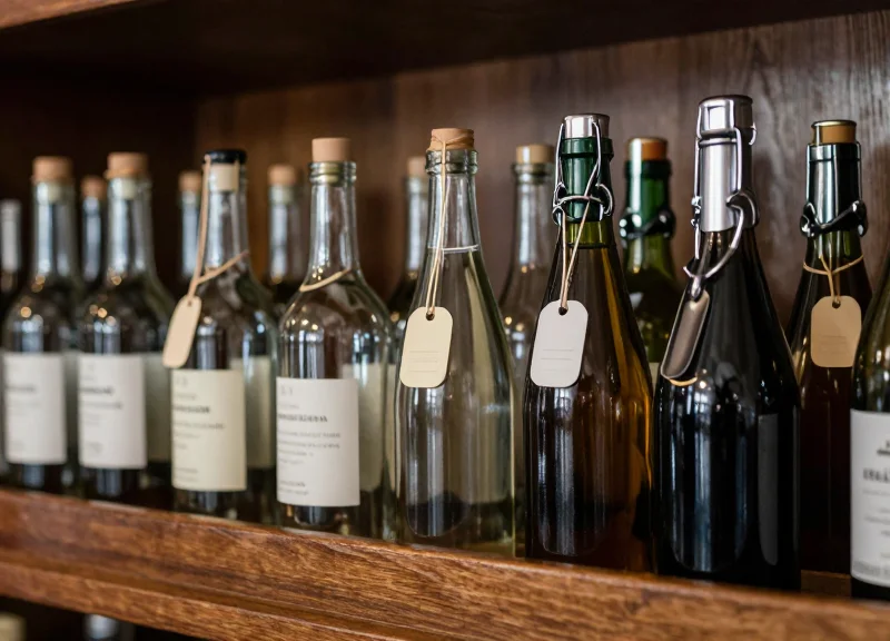 Evolutionary display of bottle security devices from older bulky collars to modern sleek clamps on glass spirit bottles