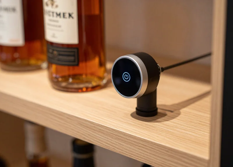 Photorealistic close-up of a high-end liquor bottle on a premium retail shelf featuring a smart bottle lock on the neck.