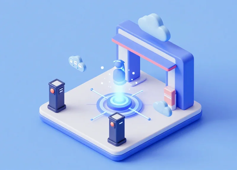 Isometric 3D illustration of a retail store security system integrated with cloud RFID networks and digital connectivity.